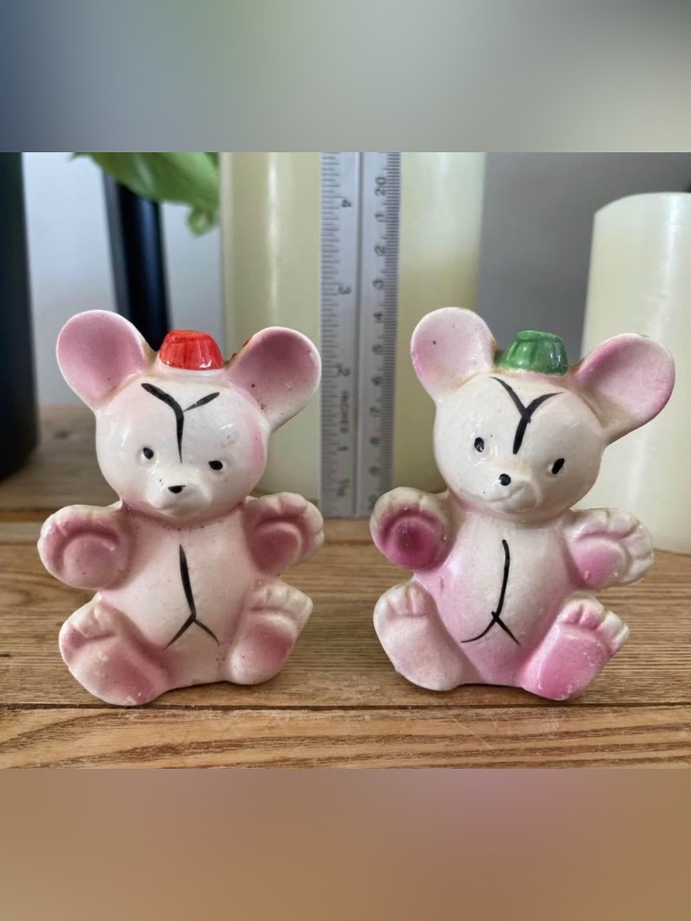 Vintage Pink Ceramic Bear Salt & Pepper Shakers Set Made in Japan MCM Kitsch